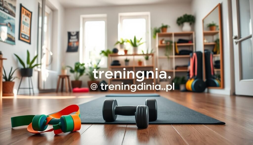 A cozy home gym setup illustrating the concept of "first steps in fitness." In the foreground, feature a pair of colorful resistance bands, some dumbbells, and a yoga mat neatly arranged on the floor. In the middle, depict a bright and airy room with natural light streaming through large windows, revealing indoor plants and motivational posters on the walls. In the background, show shelves lined with fitness gear and a mirror reflecting the scene, enhancing the sense of space. The atmosphere should feel welcoming and inspiring, emphasizing a journey of health and wellness. Use soft lighting to create a peaceful ambiance. Include the brand name "treningdnia.pl" subtly integrated into the design without disrupting the visual flow.