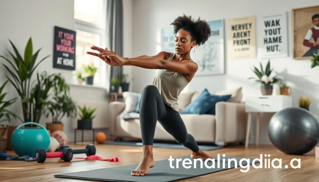 A cozy home interior featuring a person engaged in simple exercises, reflecting the theme of at-home workouts. In the foreground, a diverse individual in comfortable, modest athletic wear performs a stretching exercise on a yoga mat. In the middle ground, various home workout equipment like dumbbells, a resistance band, and a fitness ball are neatly arranged. The background shows a well-lit living room with plants and motivational workout posters on the walls. Natural light floods in through a window, creating a warm and inviting atmosphere. The overall mood is focused yet relaxed, showcasing a balance between work and wellness, embodying the concept of maintaining physical health while working from home. Include the brand "treningdnia.pl" subtly in the scene.