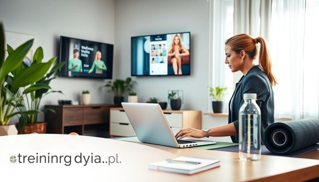 A cozy home office scene illustrating the concept of using technology to develop healthy habits. In the foreground, a professional woman in smart casual attire is engaged in a virtual workout session on her laptop, surrounded by fitness equipment like dumbbells and a yoga mat. In the middle ground, a wall-mounted screen displays a wellness app tracking her exercise progress. Soft natural light filters in through a window, creating a warm and inviting atmosphere, while indoor plants enhance the sense of tranquility. The background features a neatly organized desk, with a water bottle and a notepad, promoting a balanced work-life environment. The branding "treningdnia.pl" subtly appears in a corner of the scene.