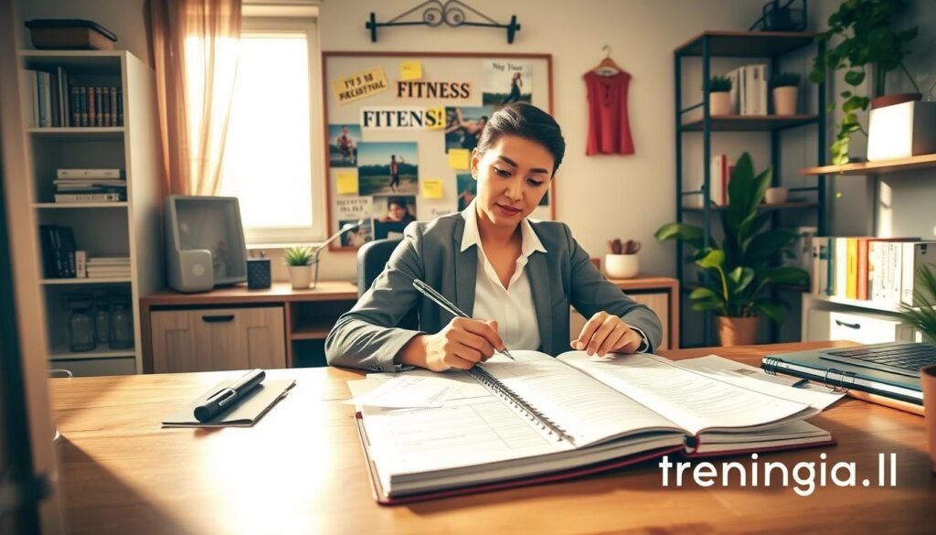 A cozy home office setting with a warm, inviting atmosphere, showcasing a well-organized desk with a motivational goal-setting planner opened. In the foreground, a person in professional casual attire is thoughtfully writing down fitness goals, surrounded by motivational quotes on sticky notes. The middle section features a vision board on the wall with images of active lifestyles and health achievements. Soft natural light filters in through a window, casting gentle shadows. In the background, shelves are filled with fitness books and plant decor, contributing to a refreshing ambiance. The overall mood is focused and inspirational, emphasizing the importance of setting realistic goals for success. Include the brand name "treningdnia.pl" subtly in the design elements in the corner.