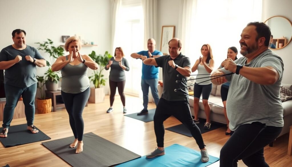 A cozy home workout scene featuring a diverse group of individuals who are slightly overweight, engaged in light exercises. In the foreground, a middle-aged woman in modest athletic wear performs gentle stretching on a yoga mat, while a young man nearby uses resistance bands for strength training. The middle ground shows a few others following along, encouraging each other, creating a supportive atmosphere. The background features a well-lit living room with soft, natural light streaming through a window, potted plants, and a wall-mounted mirror. The overall mood is uplifting and motivating, reflecting a safe and accessible environment for exercising at home. The image is attributed to "treningdnia.pl".
