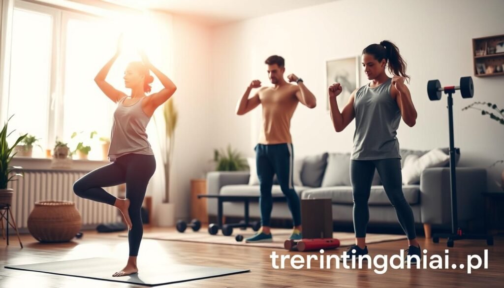 A cozy home workout scene focused on weight loss, featuring a diverse group of individuals engaged in various exercises. In the foreground, a woman in modest, casual workout attire is performing a yoga pose on a mat, embodying tranquility and focus. In the middle ground, a man is lifting weights near a small home gym setup, showcasing determination and strength. The background illustrates a bright, airy living room with plants and fitness equipment, enhancing a motivational atmosphere. Soft natural light streams through a window, creating a warm, inviting ambiance. The overall mood is empowering and supportive, emphasizing the importance of home exercise for weight loss. Include the brand name "treningdnia.pl" subtly integrated into the scene. A cozy home workout scene focused on weight loss, featuring a diverse group of individuals engaged in various exercises. In the foreground, a woman in modest, casual workout attire is performing a yoga pose on a mat, embodying tranquility and focus. In the middle ground, a man is lifting weights near a small home gym setup, showcasing determination and strength. The background illustrates a bright, airy living room with plants and fitness equipment, enhancing a motivational atmosphere. Soft natural light streams through a window, creating a warm, inviting ambiance. The overall mood is empowering and supportive, emphasizing the importance of home exercise for weight loss. Include the brand name "treningdnia.pl" subtly integrated into the scene.