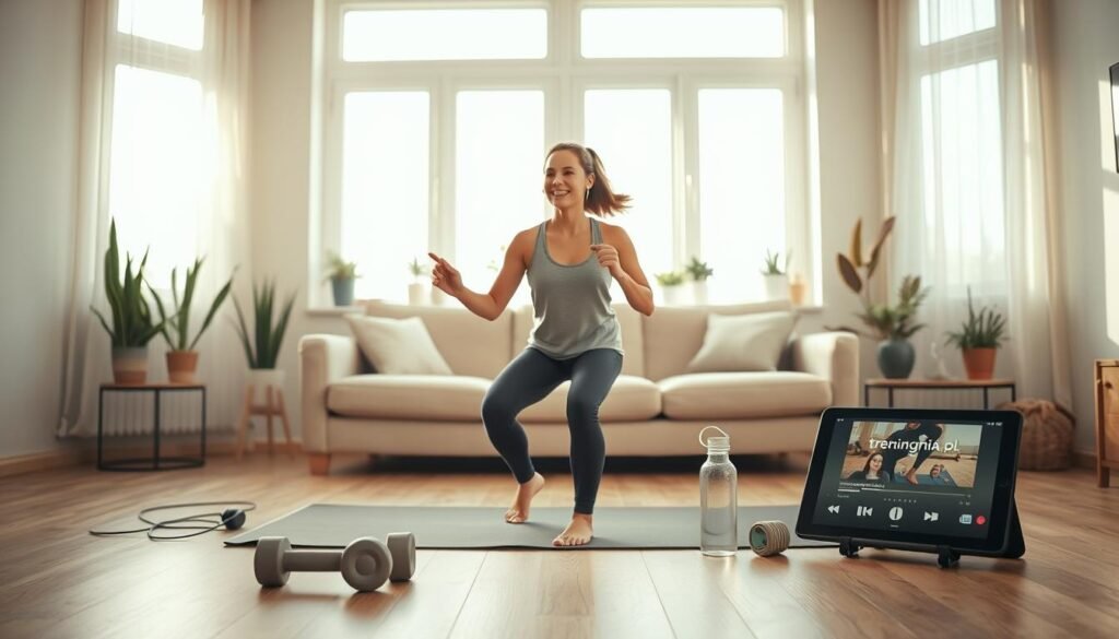 A cozy home workout scene set in a bright, inviting living room with large windows allowing natural light to stream in. In the foreground, a person in modest athletic wear, smiling and moving energetically, is holding wireless headphones, deeply engaged in their exercise routine. In the middle, a yoga mat is spread out, surrounded by light weights, a water bottle, and a tablet displaying a fitness app. The background features decorative plants and a soft couch, enhancing the atmosphere of a peaceful workout space. The overall mood is uplifting and motivational, emphasizing the integration of music and technology in daily fitness practices. Use soft, warm lighting to evoke a sense of comfort and inspiration. Include subtle branding for "treningdnia.pl" in the scene, reflecting a focus on home workouts.