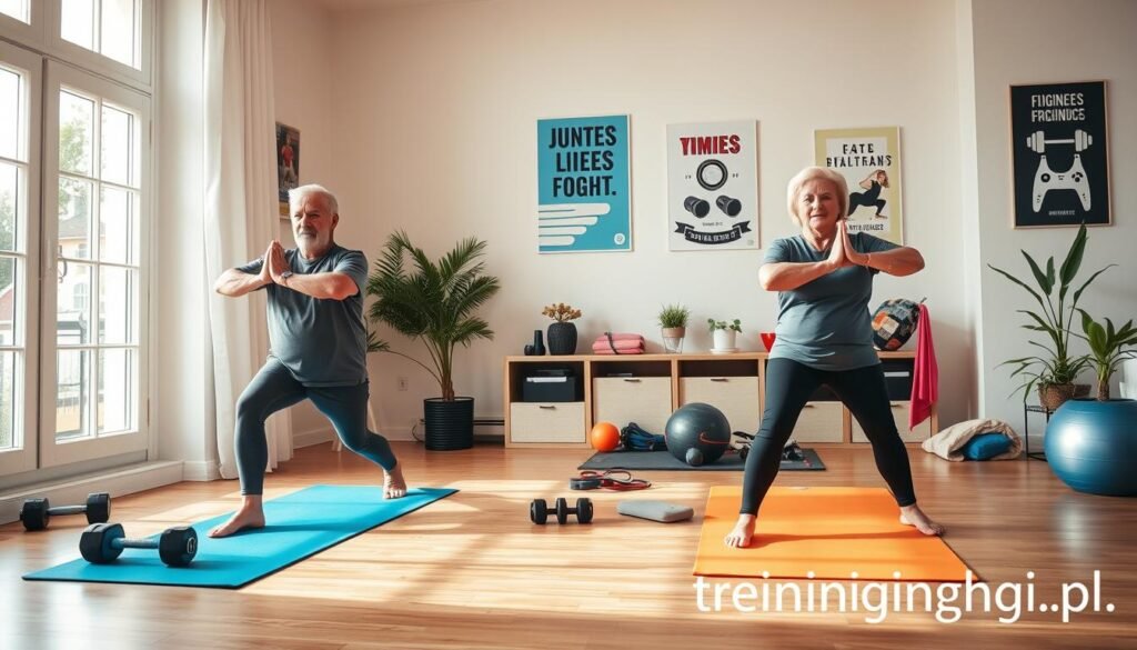 A cozy home workout space designed for beginners over 40, featuring a well-lit room with natural sunlight pouring through large windows. In the foreground, a middle-aged man and woman dressed in modest athletic wear complete gentle stretching exercises on colorful yoga mats. The middle ground showcases a variety of workout equipment, including dumbbells, a stability ball, and resistance bands neatly arranged. The background displays motivational fitness posters on the walls and houseplants adding a touch of freshness. Soft, warm lighting creates an inviting atmosphere. The scene conveys a sense of safety, support, and encouragement for older adults embarking on fitness routines. Emphasize a peaceful and motivating environment, aligning with the theme of safe training planning. Branding: "treningdnia.pl" subtly integrated into the room decor.