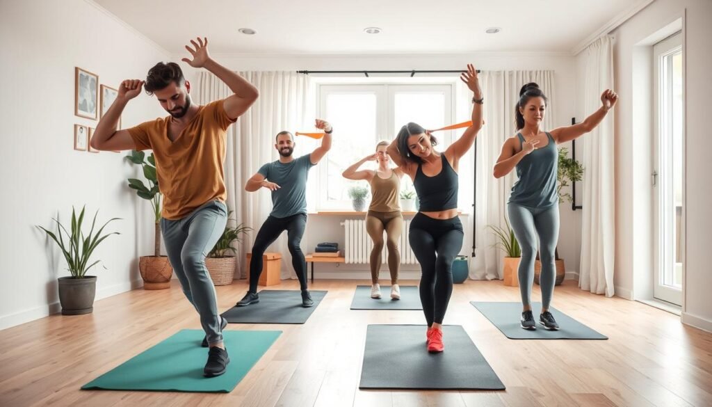 A cozy indoor home gym setting, showcasing a diverse group of individuals in modest athletic wear, engaging in a warm-up routine. In the foreground, a man performing dynamic stretches, while a woman practices bodyweight exercises like lunges and arm circles. The middle ground features exercise mats and stretching bands, complementing their movements. The background includes a bright, well-lit room with a large window, allowing natural light to flood in, enhancing the vibrant atmosphere. Subtle plants adorn the space, contributing to a fresh and inviting feel. The mood is energetic and motivational, illustrating the importance of warming up before a workout. The image should reflect a professional and safe environment, aligning with the theme of "treningdnia.pl."