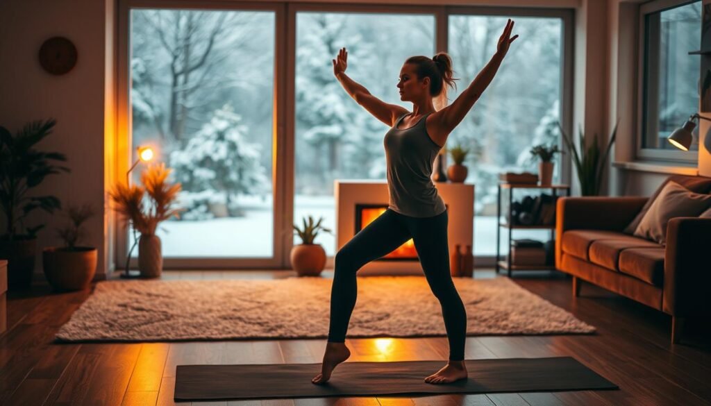 A cozy indoor winter fitness scene featuring a woman in modest, comfortable workout attire, practicing yoga on a mat in her living room. In the foreground, she is in a balance pose, radiating focus and tranquility. In the middle ground, a warm, inviting atmosphere is created with a softly glowing fireplace and warm-toned lighting illuminating the space. In the background, snow gently falls outside a large window, framing a serene winter landscape. The decor includes potted plants and a small shelf with fitness equipment like dumbbells and resistance bands, suggesting a dedicated home workout space. The overall mood is peaceful and motivating, capturing the essence of winter training at home. Brand name: treningdnia.pl.