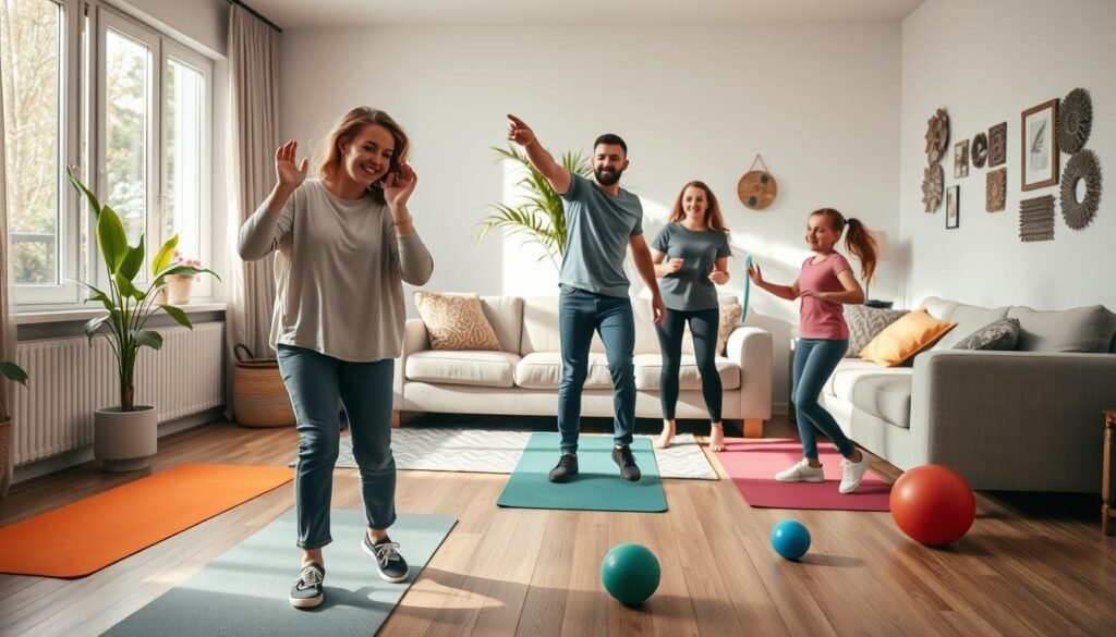 A cozy living room setting, filled with natural light streaming through large windows, showcasing a group of three people engaged in various fun physical games. In the foreground, a cheerful woman in modest casual clothing demonstrates an energetic dance move, while a man and a teenage girl mimic her. Colorful exercise mats are scattered on the floor, and there are fun, interactive props like hula hoops and small exercise balls nearby. The middle ground features a vibrant green houseplant and an inviting sofa, creating a warm atmosphere. Soft, diffused lighting enhances the friendly vibe. The background reveals stylish decorations on the walls, promoting a balance between leisure and activity. This scene captures the essence of movement and enjoyment, illustrating "gry ruchowe w domu" related to "treningdnia.pl."