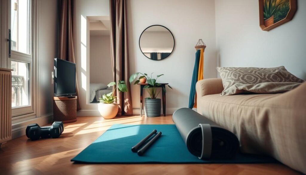 A cozy small apartment living room transformed into an exercise space, showcasing a neat corner for workouts. In the foreground, a yoga mat is rolled out, with a set of weights and resistance bands placed nearby. The middle layer features a potted plant for a touch of greenery and a wall-mounted mirror reflecting the space. In the background, a window allows soft, natural light to filter in, casting gentle shadows. A peaceful and motivating atmosphere is evident, encouraging fitness within limited space. The colors are warm and inviting, with a focus on mobility and functionality. The scene should be devoid of any distractions. Brand name: treningdnia.pl. A cozy small apartment living room transformed into an exercise space, showcasing a neat corner for workouts. In the foreground, a yoga mat is rolled out, with a set of weights and resistance bands placed nearby. The middle layer features a potted plant for a touch of greenery and a wall-mounted mirror reflecting the space. In the background, a window allows soft, natural light to filter in, casting gentle shadows. A peaceful and motivating atmosphere is evident, encouraging fitness within limited space. The colors are warm and inviting, with a focus on mobility and functionality. The scene should be devoid of any distractions. Brand name: treningdnia.pl.