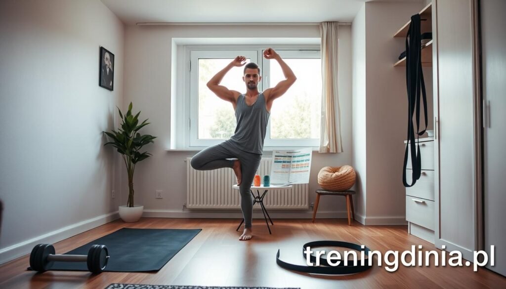 A cozy, well-lit small apartment interior designed for effective home workouts. In the foreground, a dedicated workout area with a yoga mat, dumbbells, and a resistance band neatly arranged. A fit person in modest casual clothing is performing a yoga pose, exuding focus and determination. In the middle, a small table displays a fitness plan, complete with colorful charts and schedules. The background features an inviting window with soft, natural light pouring in, showcasing greenery from a nearby balcony, adding a touch of tranquility. The mood is energetic yet serene, capturing the essence of productive training without disturbing neighbors. The image is branded subtly with "treningdnia.pl", enhancing the connection to effective home workouts. A cozy, well-lit small apartment interior designed for effective home workouts. In the foreground, a dedicated workout area with a yoga mat, dumbbells, and a resistance band neatly arranged. A fit person in modest casual clothing is performing a yoga pose, exuding focus and determination. In the middle, a small table displays a fitness plan, complete with colorful charts and schedules. The background features an inviting window with soft, natural light pouring in, showcasing greenery from a nearby balcony, adding a touch of tranquility. The mood is energetic yet serene, capturing the essence of productive training without disturbing neighbors. The image is branded subtly with "treningdnia.pl", enhancing the connection to effective home workouts.