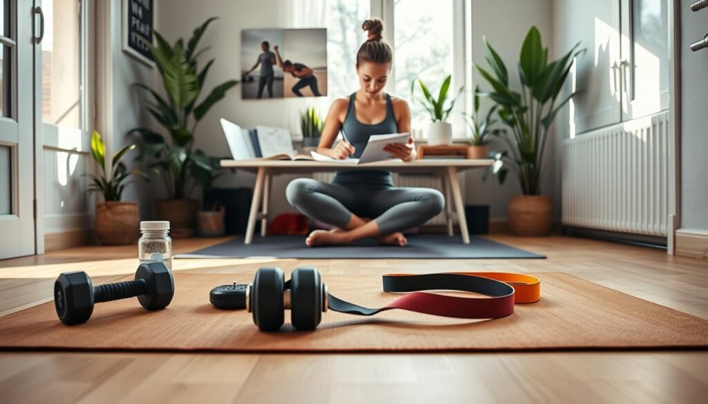 A cozy, well-organized home workout space with natural light pouring in through a large window. In the foreground, a wooden yoga mat is laid out with a curated selection of workout equipment, including dumbbells, a resistance band, and a water bottle, all neatly arranged. The middle ground features a person in modest, comfortable athletic wear, engaged in planning their workout routine, surrounded by handwritten notes and fitness guides on a desk. In the background, plants add a touch of freshness, creating a serene and motivating atmosphere. The scene is captured from a slightly elevated angle, focusing on the individual’s concentration while emphasizing the inviting, practical home environment. The overall mood is inspiring and empowering, reflecting the theme of independent training. Brand name: treningdnia.pl.