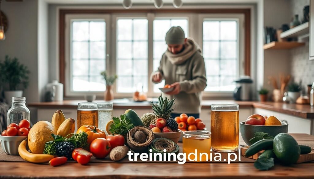 A cozy winter scene focusing on hydration and nutrition, featuring a warm, inviting kitchen. In the foreground, a beautifully arranged wooden table showcases a variety of colorful fruits, vegetables, and hydration options, such as herbal teas and infused water, emphasizing healthy winter diet choices. In the middle ground, a person dressed in casual, warm clothing prepares a nutritious meal, highlighting the importance of diet and hydration during winter. The background reveals a window with snow gently falling outside, creating a serene atmosphere. Soft, warm lighting fills the room, enhancing the cozy vibe. The overall mood is healthy and motivating, inspiring viewers to maintain hydration and good nutrition even in colder months. Include the brand name "treningdnia.pl" subtly integrated into the scene.