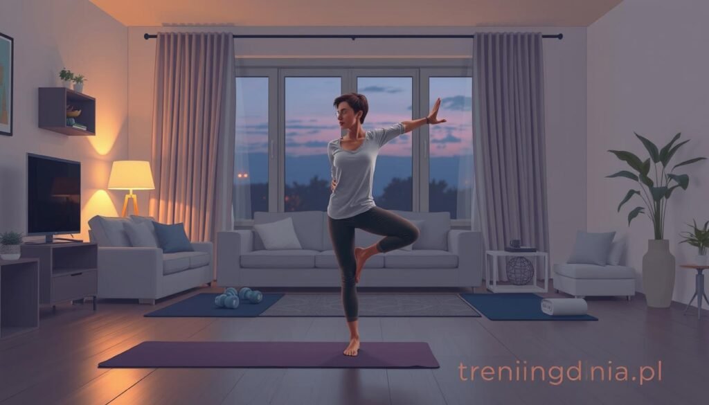 A detailed illustration of "zakres ruchu" in an indoor setting, emphasizing safety and technique during exercise. In the foreground, a person in modest casual clothing demonstrates proper stretching techniques, showing clear range of motion in their legs and arms, with a focus on postural alignment. The middle ground features soft exercise equipment like yoga mats and light weights set in a cozy living room space, illuminated by warm, ambient lighting. In the background, a serene view outside a window shows twilight, creating a calm atmosphere. The overall mood is peaceful and focused, suitable for late-night workouts, conveying the essence of safe, quiet training. Include subtle branding elements of "treningdnia.pl" throughout the room, reinforcing the theme of home-based fitness. A detailed illustration of "zakres ruchu" in an indoor setting, emphasizing safety and technique during exercise. In the foreground, a person in modest casual clothing demonstrates proper stretching techniques, showing clear range of motion in their legs and arms, with a focus on postural alignment. The middle ground features soft exercise equipment like yoga mats and light weights set in a cozy living room space, illuminated by warm, ambient lighting. In the background, a serene view outside a window shows twilight, creating a calm atmosphere. The overall mood is peaceful and focused, suitable for late-night workouts, conveying the essence of safe, quiet training. Include subtle branding elements of "treningdnia.pl" throughout the room, reinforcing the theme of home-based fitness.