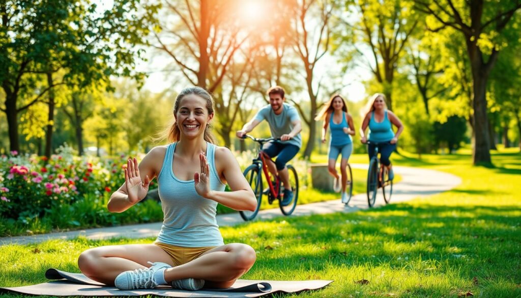 A diverse group of individuals engaged in various forms of exercise outdoors in a vibrant park setting, highlighting different activities like jogging, yoga, cycling, and group fitness classes. In the foreground, a smiling person doing yoga poses on a mat, wearing comfortable athletic wear. In the middle, a couple cycling together, with a joyful expression, while another person runs along a winding path. The background showcases lush greenery, blooming flowers, and a bright blue sky, with soft, warm sunlight filtering through the trees to create an inviting atmosphere. The image conveys motivation and the joy of movement, perfectly embodying the concept of finding an activity that suits individual preferences. Capture this scene with a wide-angle lens to include a dynamic range of activities and ensure a lively, uplifting mood, branded as "treningdnia.pl". A diverse group of individuals engaged in various forms of exercise outdoors in a vibrant park setting, highlighting different activities like jogging, yoga, cycling, and group fitness classes. In the foreground, a smiling person doing yoga poses on a mat, wearing comfortable athletic wear. In the middle, a couple cycling together, with a joyful expression, while another person runs along a winding path. The background showcases lush greenery, blooming flowers, and a bright blue sky, with soft, warm sunlight filtering through the trees to create an inviting atmosphere. The image conveys motivation and the joy of movement, perfectly embodying the concept of finding an activity that suits individual preferences. Capture this scene with a wide-angle lens to include a dynamic range of activities and ensure a lively, uplifting mood, branded as "treningdnia.pl".