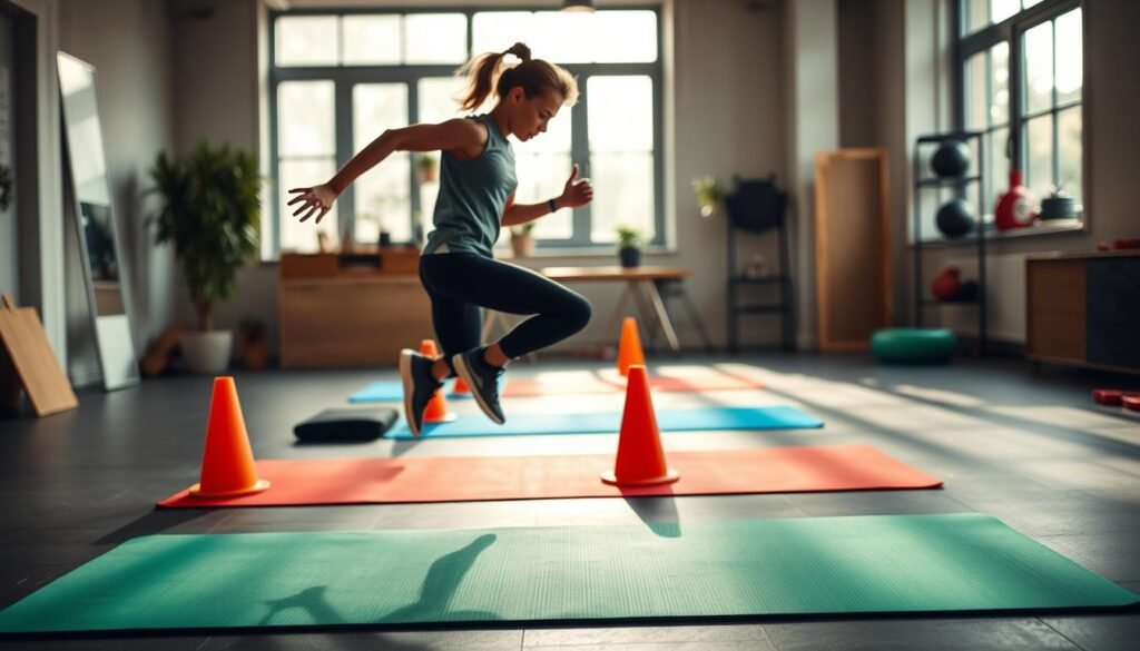 A dynamic and engaging scene showcasing "plyometric exercise techniques" in action. In the foreground, a focused athlete performs a high-energy plyometric jump, wearing modern and modest athletic gear. The middle ground features vibrant exercise mats and cones, emphasizing an indoor training environment. In the background, a well-lit home gym setting with large windows allowing natural light to stream in, enhancing the atmosphere of an energetic workout space. The scene captures a sense of movement and vitality, with blurred background elements to create depth. The mood is motivational and uplifting, ideal for inspiring home workouts. Include subtle branding elements related to "treningdnia.pl" in the environment without overt display. A dynamic and engaging scene showcasing "plyometric exercise techniques" in action. In the foreground, a focused athlete performs a high-energy plyometric jump, wearing modern and modest athletic gear. The middle ground features vibrant exercise mats and cones, emphasizing an indoor training environment. In the background, a well-lit home gym setting with large windows allowing natural light to stream in, enhancing the atmosphere of an energetic workout space. The scene captures a sense of movement and vitality, with blurred background elements to create depth. The mood is motivational and uplifting, ideal for inspiring home workouts. Include subtle branding elements related to "treningdnia.pl" in the environment without overt display.