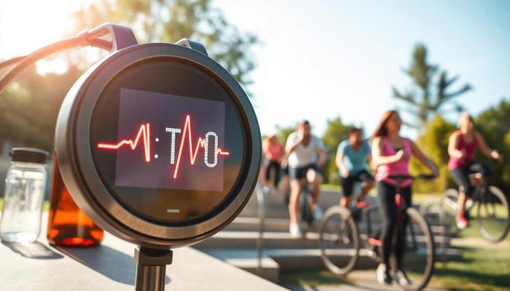 A dynamic and engaging visualization of a heart rate monitor displaying an elevated pulse, symbolizing the concept of "tętno" related to physical activity. In the foreground, a close-up of the monitor with bright, glowing heart rate readings, surrounded by subtle indicators of exercise like a water bottle and fitness tracker. The middle ground features a diverse group of individuals in modest athletic wear, energetically participating in various activities such as stair climbing, cycling, and walking in a park, showcasing the preparation for effective training. The background includes blurred trees and a sunny sky, enhancing the feeling of an active outdoor environment. Soft, natural lighting casts a warm glow, creating an uplifting and motivational atmosphere. This image aligns with the theme of health and exercise for "treningdnia.pl".