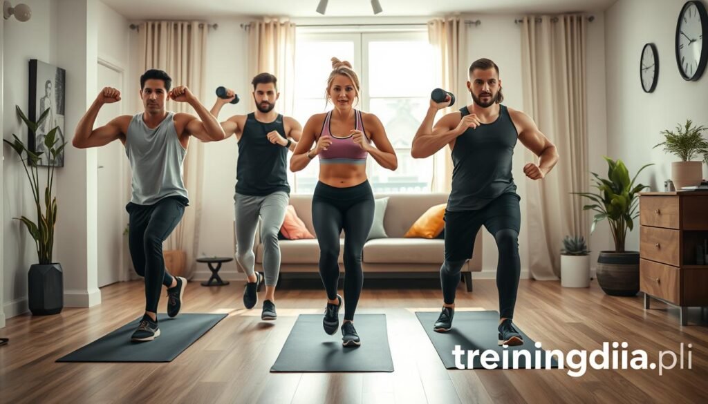 A dynamic and motivational home workout scene depicting a diverse group of individuals engaged in exercise to reduce body fat. In the foreground, three people—two men and one woman—are actively participating in various strength and cardio exercises, wearing professional workout gear. Their expressions reflect determination and focus. In the middle ground, a cozy living room is transformed into a workout space with yoga mats, dumbbells, and a wall-mounted mirror reflecting their movements. Soft, natural lighting filters through a window, creating a warm and inviting atmosphere. In the background, elements of a home environment such as a plant and a clock contribute to the scene's homely feel. The image should embody health and fitness, emphasizing dedication to weight loss, with a subtle branding of "treningdnia.pl" integrated harmoniously into the setting. A dynamic and motivational home workout scene depicting a diverse group of individuals engaged in exercise to reduce body fat. In the foreground, three people—two men and one woman—are actively participating in various strength and cardio exercises, wearing professional workout gear. Their expressions reflect determination and focus. In the middle ground, a cozy living room is transformed into a workout space with yoga mats, dumbbells, and a wall-mounted mirror reflecting their movements. Soft, natural lighting filters through a window, creating a warm and inviting atmosphere. In the background, elements of a home environment such as a plant and a clock contribute to the scene's homely feel. The image should embody health and fitness, emphasizing dedication to weight loss, with a subtle branding of "treningdnia.pl" integrated harmoniously into the setting.