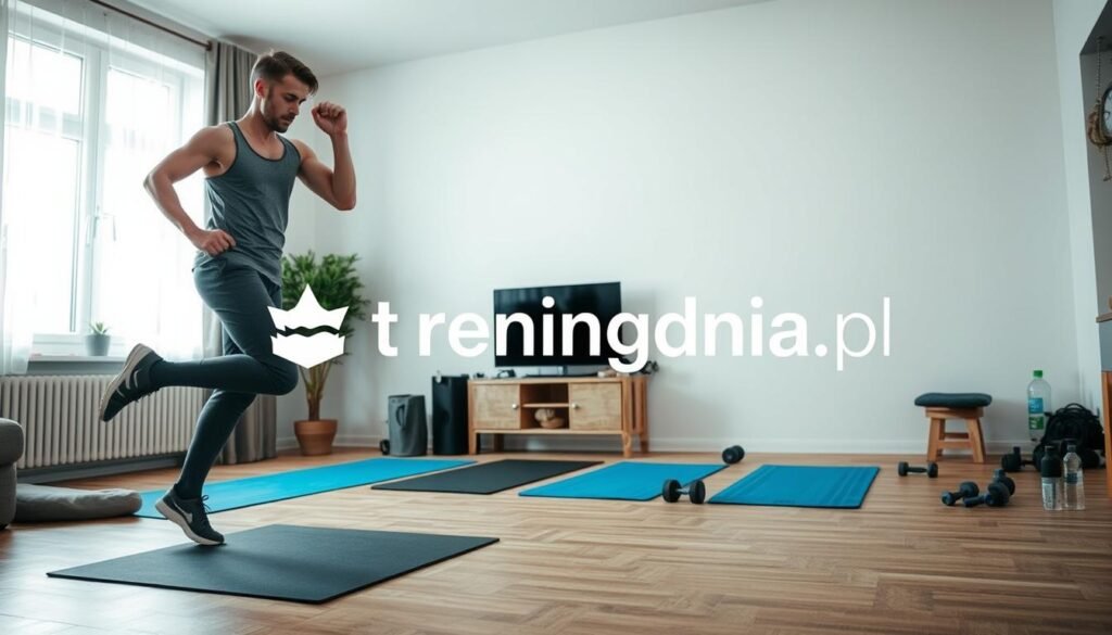 A dynamic, energetic scene depicting a home HIIT training session, with a focus on safety and preparation. The foreground features a fit individual in comfortable athletic wear, demonstrating a high-intensity exercise, such as a jumping jack or burpee, showcasing proper form and engagement. The middle ground includes a well-organized living room with exercise mats, dumbbells, and water bottles neatly arranged, emphasizing a safe workout environment. In the background, soft natural light streams through a window, creating a bright and inviting atmosphere. The overall mood should inspire motivation and focus on health and fitness. The image will include the brand name "treningdnia.pl" incorporated subtly into the scene, without detracting from the primary action.