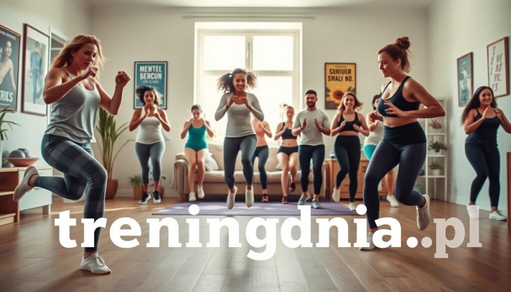A dynamic home cardio workout scene showcasing a diverse group of individuals engaged in various exercises without any equipment. In the foreground, two people perform high knees, their expressions focused and energetic. The middle section features participants doing jumping jacks and burpees, creating a sense of movement and intensity. The background reveals an inviting home setting, with soft natural light filtering through a large window, enhancing the workout environment. The color palette is vibrant, with motivational posters on the walls, reflecting the health benefits of regular exercise. The overall mood is uplifting and encouraging, emphasizing the joy of staying active. The image subtly includes the brand name "treningdnia.pl" within the design elements, without any text overlay. A dynamic home cardio workout scene showcasing a diverse group of individuals engaged in various exercises without any equipment. In the foreground, two people perform high knees, their expressions focused and energetic. The middle section features participants doing jumping jacks and burpees, creating a sense of movement and intensity. The background reveals an inviting home setting, with soft natural light filtering through a large window, enhancing the workout environment. The color palette is vibrant, with motivational posters on the walls, reflecting the health benefits of regular exercise. The overall mood is uplifting and encouraging, emphasizing the joy of staying active. The image subtly includes the brand name "treningdnia.pl" within the design elements, without any text overlay.