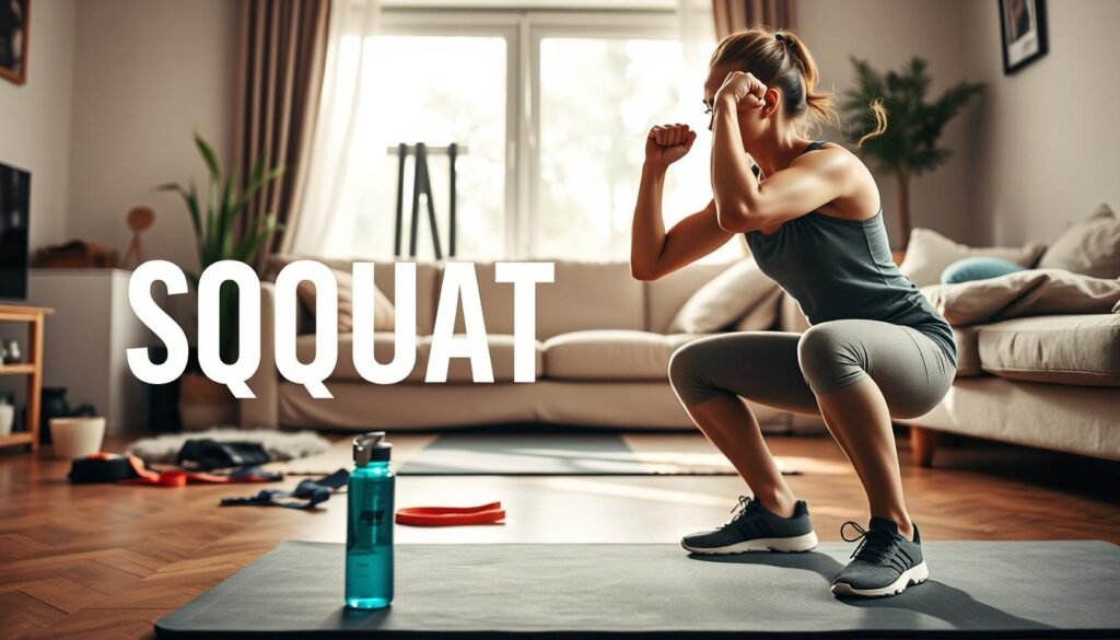A dynamic home workout scene illustrating an effective squat training plan. In the foreground, a motivated individual in modest athletic wear performs squats with proper form, showcasing strength and focus. In the middle, an array of workout equipment like a yoga mat, resistance bands, and a water bottle reflect a home gym environment. The background features a cozy living room with soft natural light streaming through a window, emphasizing a warm, encouraging atmosphere. The composition suggests movement and energy, inspired by a sense of determination. Capture this moment in a slightly elevated angle to highlight the action, showcasing the brand name "treningdnia.pl" subtly incorporated into the scene, ensuring a professional and energetic feel.