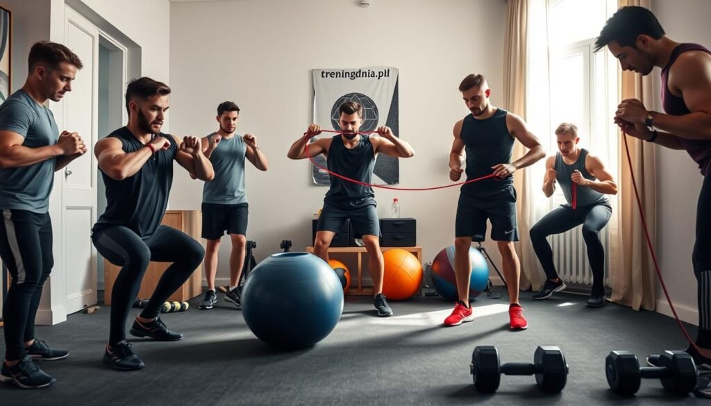 A dynamic home workout scene showcasing different methods to increase exercise intensity. In the foreground, a diverse group of men in professional athletic clothing engages in various exercises: one performs weighted squats, another does high-intensity interval training with a jump rope, and a third is using resistance bands for strength training. The middle ground shows a balance ball and dumbbells neatly arranged, symbolizing versatility. In the background, a cozy home gym environment is illuminated by soft, natural light streaming through a window, creating an inviting atmosphere. The scene expresses motivation and determination, capturing the essence of effective home training methods. Include the logo of "treningdnia.pl" subtly displayed on a wall poster.