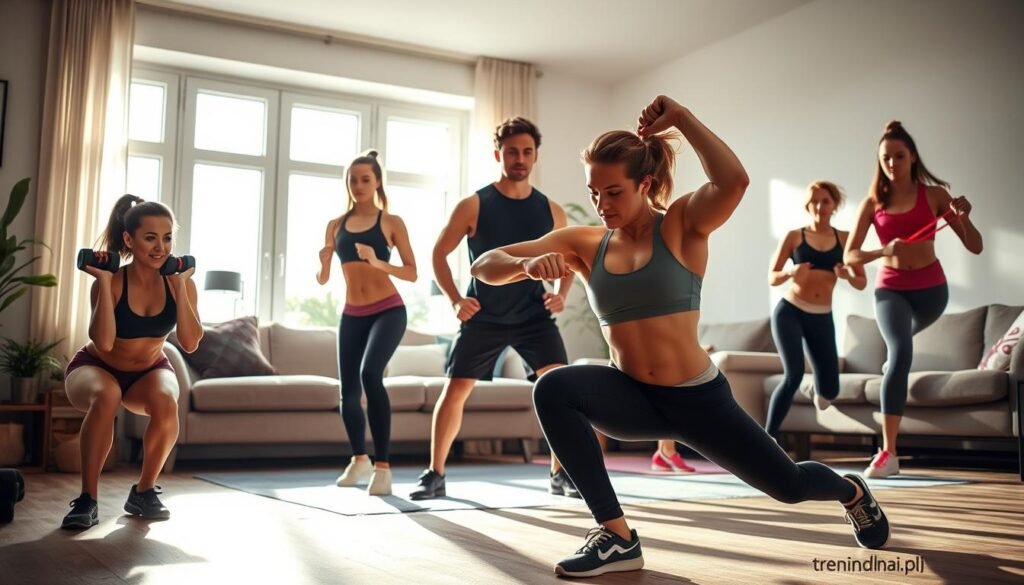 A dynamic home workout scene showcasing full-body exercises, featuring a diverse group of individuals in modest athletic wear, engaging in various movements like squats, lunges, and push-ups. The foreground displays a woman performing a squat with hand weights, while a man nearby does a plank with proper form. In the middle ground, additional participants are seen using resistance bands and doing jumping jacks. The background shows a cozy living room setting, with sunlight streaming through large windows, casting soft shadows and creating an inviting atmosphere. The mood is energetic and motivational, emphasizing strength training at home. The image should reflect the concept of effective workouts without gym equipment, branded with "treningdnia.pl" subtly integrated into the scene.