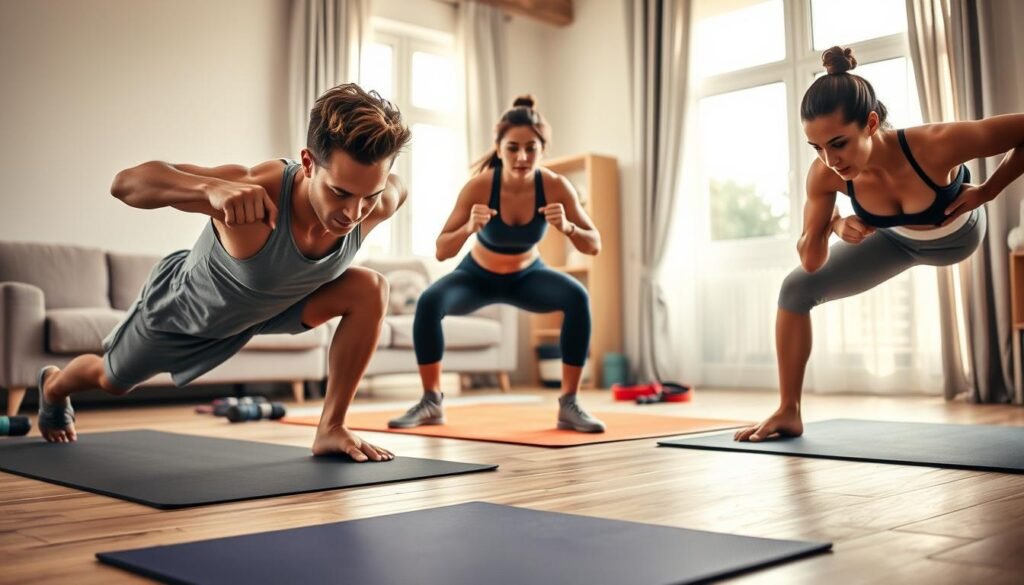 A dynamic home workout scene showcasing the most effective bodyweight exercises, including a diverse group of three individuals in modest athletic apparel, engaged in various exercises like push-ups, squats, and planks. The foreground highlights one person executing a perfect push-up, while another performs squats, and the third holds a plank position. The middle ground features an inviting living room environment with fitness mats and light equipment like resistance bands. The background shows a cozy atmosphere with soft natural light streaming in through a window, creating a warm, motivational ambiance. Capture the energy and focus of the subjects, emphasizing strength and determination. The overall mood is encouraging and invigorating, suitable for illustrating a section on bodyweight workouts for home fitness. Include the brand name "treningdnia.pl" subtly integrated into the design.