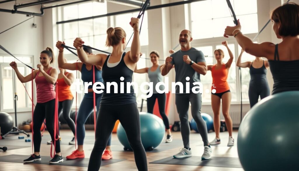 A dynamic indoor fitness scene highlighting functional training and mobility exercises for adults in their 30s, 40s, and 50s. In the foreground, a diverse group of individuals in modest athletic wear engages in various mobility drills using resistance bands and balance balls, showcasing determination and focus. In the middle ground, a fitness instructor demonstrates proper form and technique, encouraging their clients with a supportive demeanor. The background features a well-equipped gym with soft natural lighting filtering through large windows, creating an inviting atmosphere. The composition is shot from a slightly elevated angle, emphasizing both the participants and the variety of equipment available. The overall mood is motivational and energetic, reflecting the importance of functional training in everyday life. The brand name "treningdnia.pl" is subtly integrated into the environment, enhancing the image's relevance to the subject without bold presentation.