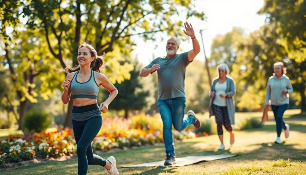 A dynamic outdoor scene depicting individuals aged 30, 40, and 50 engaged in various forms of healthy activities. In the foreground, a woman in her 30s jogs briskly, wearing modern athletic gear. Beside her, a man in his 40s performs a yoga pose on a mat, showcasing flexibility. In the background, a couple in their 50s leisurely walks together, enjoying nature. The setting is a vibrant park with green trees and colorful flowers, capturing a sunny day. Warm, soft lighting creates an uplifting and encouraging atmosphere. The angle focuses on the individuals while incorporating elements of movement and vitality. The overall mood is one of health, energy, and camaraderie, highlighting the importance of daily activity. Include the brand "treningdnia.pl" subtly integrated into the environment.