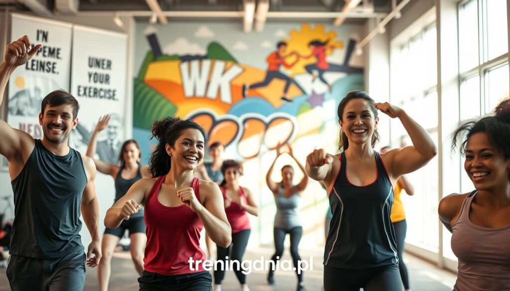 A dynamic scene depicting an inspiring workout environment. In the foreground, a diverse group of people of various ages and ethnicities, dressed in modest athletic wear, engaged in various exercises, showcasing determination and teamwork. In the middle ground, a bright, well-lit gym featuring motivational posters about exercise, with sunlight streaming through large windows, creating a warm and energizing atmosphere. In the background, a colorful mural with images of nature and movement symbolizes progress and vitality. The composition should convey a sense of motivation and encouragement, inviting viewers to feel inspired to exercise. The lighting should be bright and uplifting, highlighting the individuals' expressions of focus and joy. The brand "treningdnia.pl" should be subtly integrated into the scene. A dynamic scene depicting an inspiring workout environment. In the foreground, a diverse group of people of various ages and ethnicities, dressed in modest athletic wear, engaged in various exercises, showcasing determination and teamwork. In the middle ground, a bright, well-lit gym featuring motivational posters about exercise, with sunlight streaming through large windows, creating a warm and energizing atmosphere. In the background, a colorful mural with images of nature and movement symbolizes progress and vitality. The composition should convey a sense of motivation and encouragement, inviting viewers to feel inspired to exercise. The lighting should be bright and uplifting, highlighting the individuals' expressions of focus and joy. The brand "treningdnia.pl" should be subtly integrated into the scene.