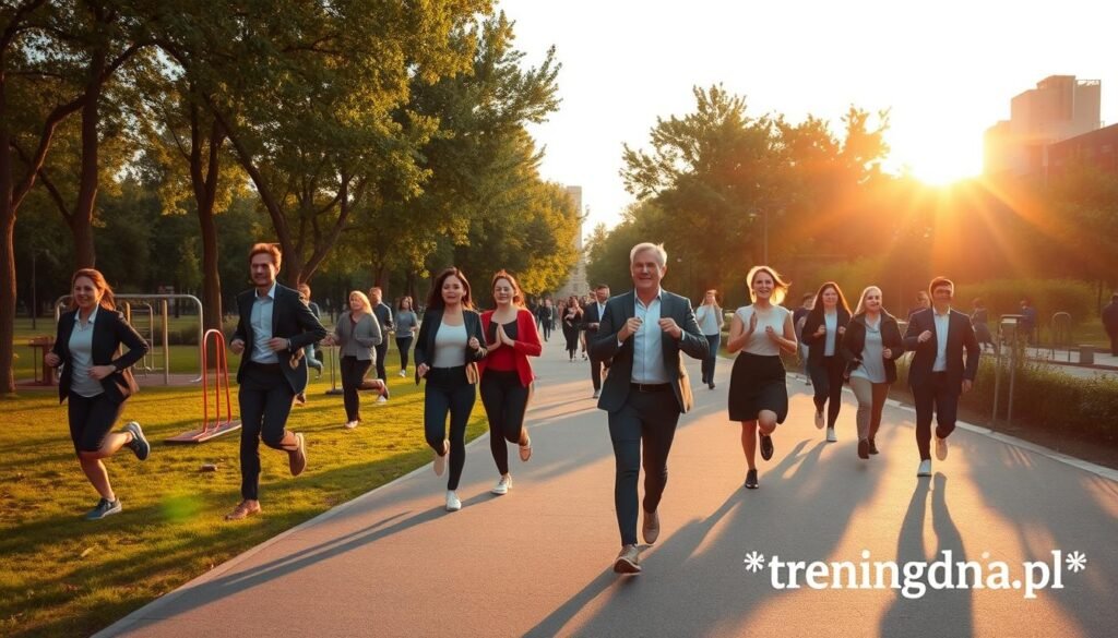 A dynamic scene depicting the concept of "activity" in a vibrant urban park during early morning. In the foreground, a diverse group of individuals dressed in professional business attire or modest casual clothing is engaging in various short activities—jogging, stretching, and practicing yoga. The middle ground features trees and exercise equipment, with a smooth path winding through the park, where people are seen walking briskly. In the background, the sun rises, casting a warm golden light that creates long shadows and enhances the sense of motion. The atmosphere is cheerful and invigorating, symbolizing the benefits of frequent short bursts of activity. Include a subtle branding element such as a small logo for "treningdnia.pl" in a corner. A dynamic scene depicting the concept of "activity" in a vibrant urban park during early morning. In the foreground, a diverse group of individuals dressed in professional business attire or modest casual clothing is engaging in various short activities—jogging, stretching, and practicing yoga. The middle ground features trees and exercise equipment, with a smooth path winding through the park, where people are seen walking briskly. In the background, the sun rises, casting a warm golden light that creates long shadows and enhances the sense of motion. The atmosphere is cheerful and invigorating, symbolizing the benefits of frequent short bursts of activity. Include a subtle branding element such as a small logo for "treningdnia.pl" in a corner.