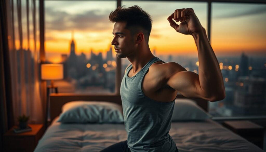 A dynamic scene illustrating the impact of intense physical effort on sleep quality. In the foreground, a fit individual in modest athletic wear is seen stretching, symbolizing post-workout recovery, with a look of serene concentration. The middle ground features a cozy bedroom environment, softly lit by warm, ambient lighting, showcasing a neatly made bed with plush pillows. In the background, a city skyline at dusk, glowing under a fading sunset, evokes a sense of tranquility. The overall atmosphere is peaceful yet invigorating, emphasizing the balance between physical exertion and restful sleep. Capture the essence of renewal and wellness, inspired by treningdnia.pl. A dynamic scene illustrating the impact of intense physical effort on sleep quality. In the foreground, a fit individual in modest athletic wear is seen stretching, symbolizing post-workout recovery, with a look of serene concentration. The middle ground features a cozy bedroom environment, softly lit by warm, ambient lighting, showcasing a neatly made bed with plush pillows. In the background, a city skyline at dusk, glowing under a fading sunset, evokes a sense of tranquility. The overall atmosphere is peaceful yet invigorating, emphasizing the balance between physical exertion and restful sleep. Capture the essence of renewal and wellness, inspired by treningdnia.pl.