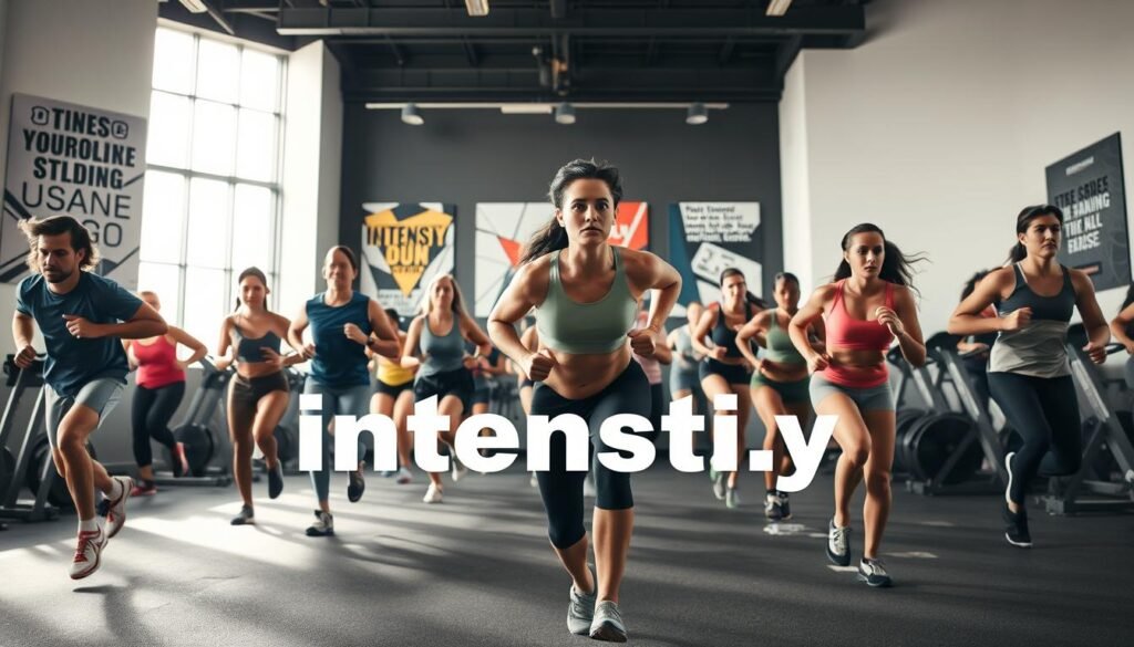 A dynamic scene showcasing the concept of "intensity" in exercise. In the foreground, a diverse group of individuals in modest athletic clothing is engaged in high-energy workouts, such as interval training and sprinting, demonstrating focused expressions of determination and effort. In the middle ground, a spacious gym environment is filled with various exercise equipment, while bright, natural light streams in through large windows, creating a vibrant atmosphere. The background features motivational posters about fitness, emphasizing intensity and achievement. The overall mood is energetic and inspiring, hinting at the effectiveness of short bursts of exercise. The composition captures a variety of physical activities, illustrating the idea of intensity impacting workout effectiveness. The brand name "treningdnia.pl" subtly integrated into the scene, enhancing the thematic depth without being obtrusive. A dynamic scene showcasing the concept of "intensity" in exercise. In the foreground, a diverse group of individuals in modest athletic clothing is engaged in high-energy workouts, such as interval training and sprinting, demonstrating focused expressions of determination and effort. In the middle ground, a spacious gym environment is filled with various exercise equipment, while bright, natural light streams in through large windows, creating a vibrant atmosphere. The background features motivational posters about fitness, emphasizing intensity and achievement. The overall mood is energetic and inspiring, hinting at the effectiveness of short bursts of exercise. The composition captures a variety of physical activities, illustrating the idea of intensity impacting workout effectiveness. The brand name "treningdnia.pl" subtly integrated into the scene, enhancing the thematic depth without being obtrusive.