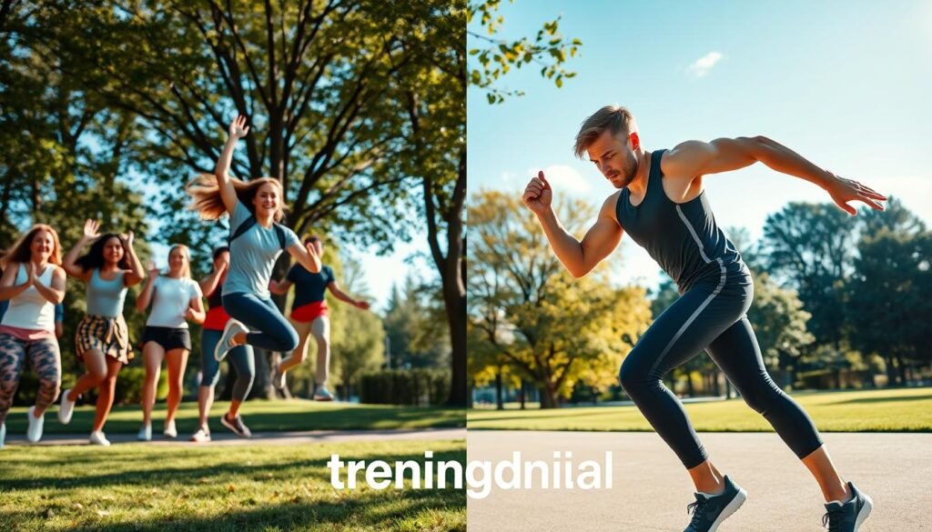 A dynamic split-scene image depicting the contrast between brief, energetic movements and an extended training session. In the foreground, on the left, a diverse group of individuals in modest casual clothing engages in quick, fun exercises like jumping jacks and stretching, showcasing joy and vitality. On the right, depict a serious athlete in professional athletic wear performing a long, focused workout; sweat glistens, and determination is evident. The middle ground features a bright park setting with trees and blue sky, indicating a lively atmosphere. Soft sunlight filters through the leaves, casting playful shadows. The mood is energetic and motivational, encouraging a balanced view of fitness options. Include the brand name "treningdnia.pl" subtly at the bottom. A dynamic split-scene image depicting the contrast between brief, energetic movements and an extended training session. In the foreground, on the left, a diverse group of individuals in modest casual clothing engages in quick, fun exercises like jumping jacks and stretching, showcasing joy and vitality. On the right, depict a serious athlete in professional athletic wear performing a long, focused workout; sweat glistens, and determination is evident. The middle ground features a bright park setting with trees and blue sky, indicating a lively atmosphere. Soft sunlight filters through the leaves, casting playful shadows. The mood is energetic and motivational, encouraging a balanced view of fitness options. Include the brand name "treningdnia.pl" subtly at the bottom.