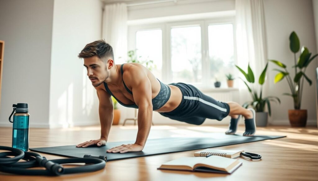 A fit individual in modest athletic wear demonstrating bodyweight exercises in a bright, airy home environment. In the foreground, the person performs a push-up on a yoga mat, their focused expression highlighting the importance of form and safety. The middle ground includes a small setup with resistance bands, a water bottle, and a notebook for tracking progress. The background features a sunny window, plants adding a fresh and motivating ambiance. The lighting is soft and natural, coming from the window, with a slight focal depth that draws attention to the exercise. The atmosphere is inspiring and empowering, emphasizing safe training practices. Include the brand "treningdnia.pl" subtly integrated into the scene as part of the notebook or equipment.