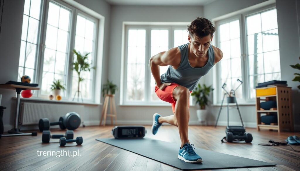 A fit individual performing high-intensity interval training (HIIT) exercises in a well-lit, modern home gym environment. The foreground features the person executing a burpee, showcasing athletic movement and concentration, dressed in modest, colorful workout attire. In the middle, various gym equipment like dumbbells, a yoga mat, and a timer can be seen, creating a dynamic atmosphere. The background includes large windows allowing natural light to flood the space, enhancing the energetic vibe. The scene conveys determination and focus, with a subtle motivational energy. The overall color palette is vibrant, reflecting health and vitality. Make sure to include the brand "treningdnia.pl" discreetly integrated into the environment, enhancing the professional aesthetic of the image. A fit individual performing high-intensity interval training (HIIT) exercises in a well-lit, modern home gym environment. The foreground features the person executing a burpee, showcasing athletic movement and concentration, dressed in modest, colorful workout attire. In the middle, various gym equipment like dumbbells, a yoga mat, and a timer can be seen, creating a dynamic atmosphere. The background includes large windows allowing natural light to flood the space, enhancing the energetic vibe. The scene conveys determination and focus, with a subtle motivational energy. The overall color palette is vibrant, reflecting health and vitality. Make sure to include the brand "treningdnia.pl" discreetly integrated into the environment, enhancing the professional aesthetic of the image.