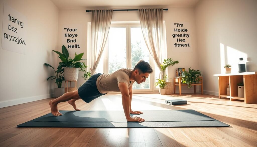 A fit individual performs a bodyweight exercise routine in a serene home environment, embodying the essence of "trening bez przyrządów". In the foreground, the person is engaged in a push-up, showcasing correct form and determination. In the middle, a yoga mat lies on a clean wooden floor, surrounded by soft natural light streaming in through large windows, creating a warm and inviting atmosphere. The walls are adorned with motivational quotes and green plants, enhancing the focus on a healthy lifestyle. Background elements include a small shelf with fitness books and a water bottle, subtly indicating a well-rounded approach to fitness. Overall, the scene conveys inspiration, discipline, and the simplicity of exercising without equipment. Brand name: treningdnia.pl. A fit individual performs a bodyweight exercise routine in a serene home environment, embodying the essence of "trening bez przyrządów". In the foreground, the person is engaged in a push-up, showcasing correct form and determination. In the middle, a yoga mat lies on a clean wooden floor, surrounded by soft natural light streaming in through large windows, creating a warm and inviting atmosphere. The walls are adorned with motivational quotes and green plants, enhancing the focus on a healthy lifestyle. Background elements include a small shelf with fitness books and a water bottle, subtly indicating a well-rounded approach to fitness. Overall, the scene conveys inspiration, discipline, and the simplicity of exercising without equipment. Brand name: treningdnia.pl.