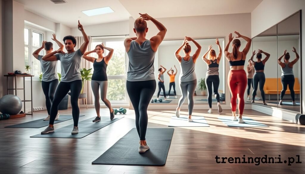 A fitness scene depicting common mistakes during warm-up exercises before training. In the foreground, a diverse group of individuals in modest athletic clothing demonstrates improper stretching techniques, such as bouncing during stretches or skipping warm-up for cardio. The middle ground features a well-lit home gym setting with exercise mats, dumbbells, and a yoga ball, showcasing a motivational atmosphere. In the background, a large mirror reflects another group doing warm-up exercises correctly, highlighting the contrast. Natural sunlight streams through a window, creating an inviting glow. The overall mood is educational and supportive, encouraging viewers to avoid these common pitfalls, branded subtly with "treningdnia.pl" in the corner of the image.