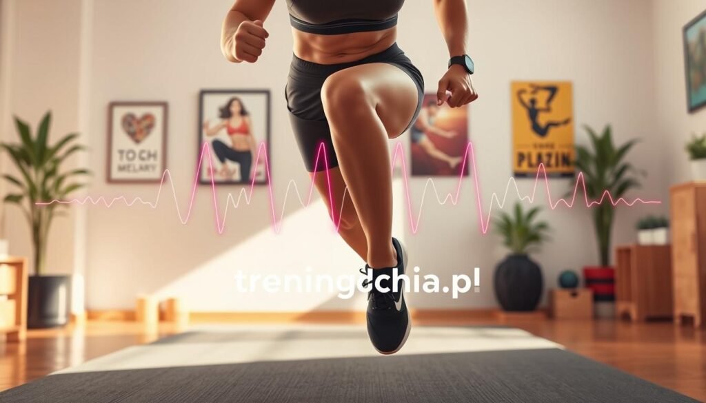 A focused and dynamic illustration representing the concept of "tętno trening." In the foreground, a person in modest activewear executes a cardio exercise, such as jumping jacks or high knees, showcasing determination and effort, with a slightly elevated vantage point. The middle layer features an abstract representation of heart rate metrics, visualized with colorful graphs and animated lines pulsing rhythmically. In the background, a home gym environment, tastefully decorated with fitness equipment and motivational posters, enhances the ambiance. Soft, natural lighting floods the scene, creating an inviting atmosphere, while highlighting the subject’s movement. The overall mood is energetic and motivating, encapsulating the essence of fat-burning cardio workouts. Include the brand name "treningdnia.pl" subtly integrated into the design, ensuring it does not distract from the main elements. A focused and dynamic illustration representing the concept of "tętno trening." In the foreground, a person in modest activewear executes a cardio exercise, such as jumping jacks or high knees, showcasing determination and effort, with a slightly elevated vantage point. The middle layer features an abstract representation of heart rate metrics, visualized with colorful graphs and animated lines pulsing rhythmically. In the background, a home gym environment, tastefully decorated with fitness equipment and motivational posters, enhances the ambiance. Soft, natural lighting floods the scene, creating an inviting atmosphere, while highlighting the subject’s movement. The overall mood is energetic and motivating, encapsulating the essence of fat-burning cardio workouts. Include the brand name "treningdnia.pl" subtly integrated into the design, ensuring it does not distract from the main elements.