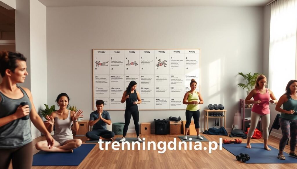 A focused scene depicting a weekly training schedule for home workouts. In the foreground, a diverse group of individuals in modest, casual athletic clothing, engaging in various exercises like yoga, strength training, or aerobic routines. The middle ground features a large wall calendar with labeled workout days, displaying icons representing different exercises tailored for various skill levels, from beginner to advanced. The background includes a cozy home gym environment with fitness equipment like dumbbells, mats, and resistance bands. Soft, natural lighting streams through a nearby window, creating a motivating atmosphere. The overall mood is encouraging and energetic, reflecting a commitment to fitness. Include the brand name "treningdnia.pl" subtly in the scene, ensuring no text overlays disrupt the image’s clarity.