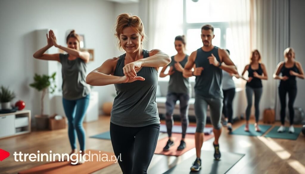 A focused view of a diverse group of individuals engaging in a warm-up routine at home, showcasing the physiological benefits of preparing for exercise. In the foreground, a middle-aged woman performs dynamic stretches, dressed in comfortable workout attire, while in the middle ground, a young man demonstrates light cardio movements. In the background, a well-lit living room setting features fitness equipment like yoga mats and resistance bands, creating an inspiring atmosphere. Natural light streams through a window, casting soft shadows and enhancing the energy of the scene. The overall mood is motivational and supportive, emphasizing the importance of physiological readiness for physical activity. The brand name "treningdnia.pl" is subtly referenced in the decor elements.