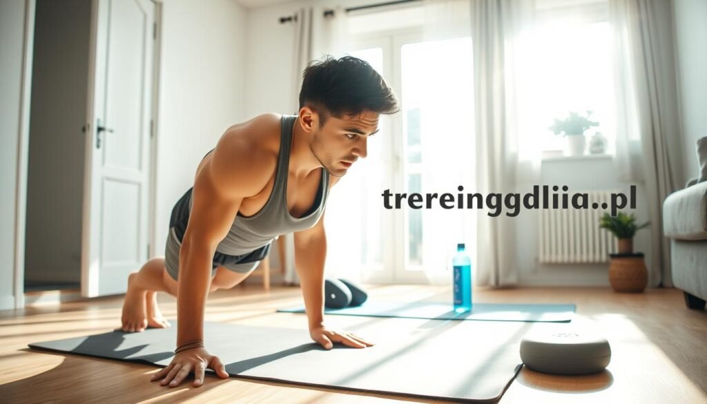 A home environment showcasing a person engaged in bodyweight strength training. In the foreground, a focused individual in modest athletic wear demonstrates a push-up, showcasing strength and determination. In the middle ground, a tidy living room setting with a yoga mat, water bottle, and a small plant adds a touch of homeliness. Sunlight streams through a window, casting natural light on the scene, enhancing the warm atmosphere. In the background, soft colors, such as muted blues and greens, evoke a calm and encouraging vibe. The image is bright and inviting, highlighting the possibility of effective strength training at home without equipment. Include branding subtly as "treningdnia.pl" on a wall in the background, enhancing the context of home fitness without being intrusive.