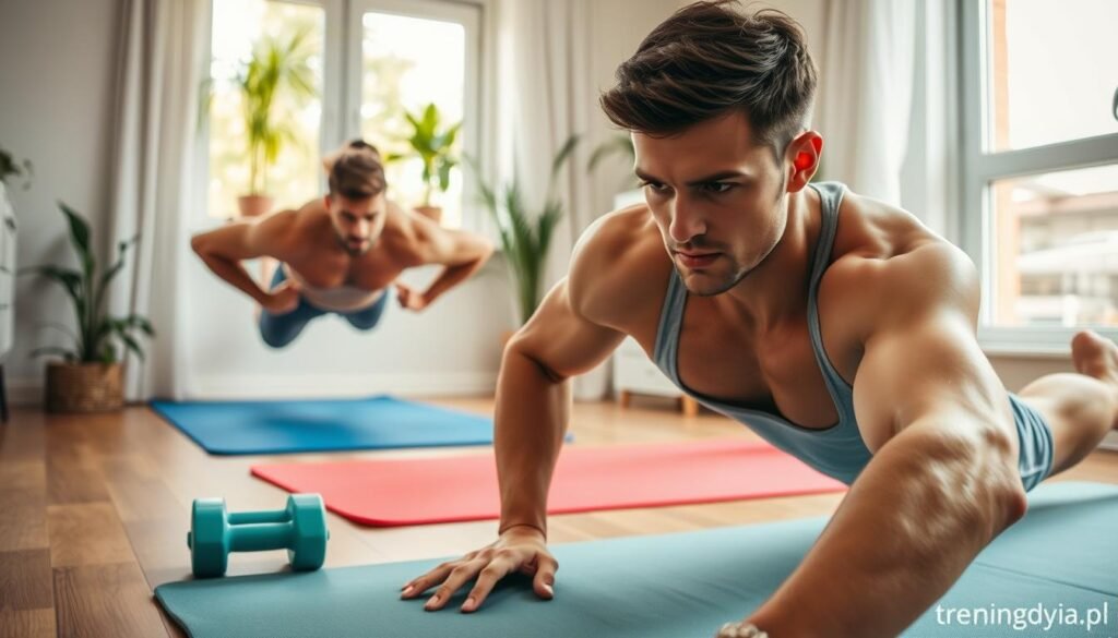 A home workout scene featuring a fit individual in modest athletic wear performing bodyweight exercises, such as push-ups and stretches, in a cozy living room. The foreground captures the person in mid-motion, focusing on their determined expression and well-defined physique. In the middle, colorful exercise mats and lightweight equipment like dumbbells are neatly organized. The background shows a sunny window with plants that add a vibrant touch to the atmosphere, evoking a sense of motivation and positivity. Soft, natural lighting illuminates the scene, highlighting the figure’s movements. The overall mood is energetic and inspiring, promoting effective home training without traditional gym equipment. Branding subtly included: "treningdnia.pl".