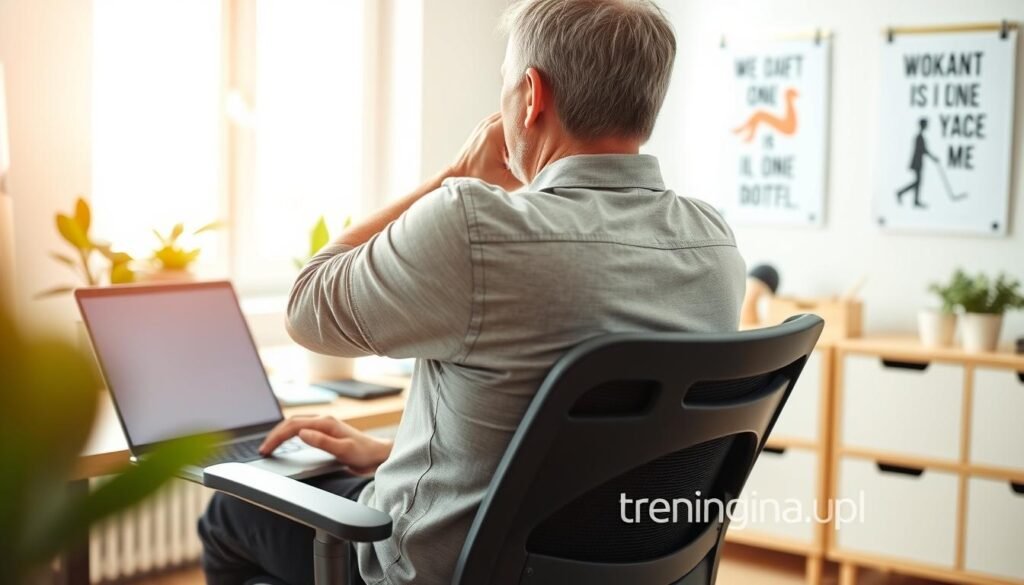 A middle-aged person with an expression of discomfort is sitting in an ergonomic office chair, adjusting their posture while working on a laptop. The foreground features a close-up on their back, showing slight tension indicating back pain, dressed in modest casual clothing. In the middle ground, a well-organized home office is visible, with a plant and motivational posters highlighting the importance of movement. The background suggests a sunlit room, with soft, natural light filtering through a window, creating a warm atmosphere. The angle is slightly elevated, capturing the subject's struggle against the backdrop of a typical sedentary workspace. The overall mood conveys a sense of urgency in caring for one's health, reinforcing the significance of movement. Include the brand "treningdnia.pl" in the composition subtly.