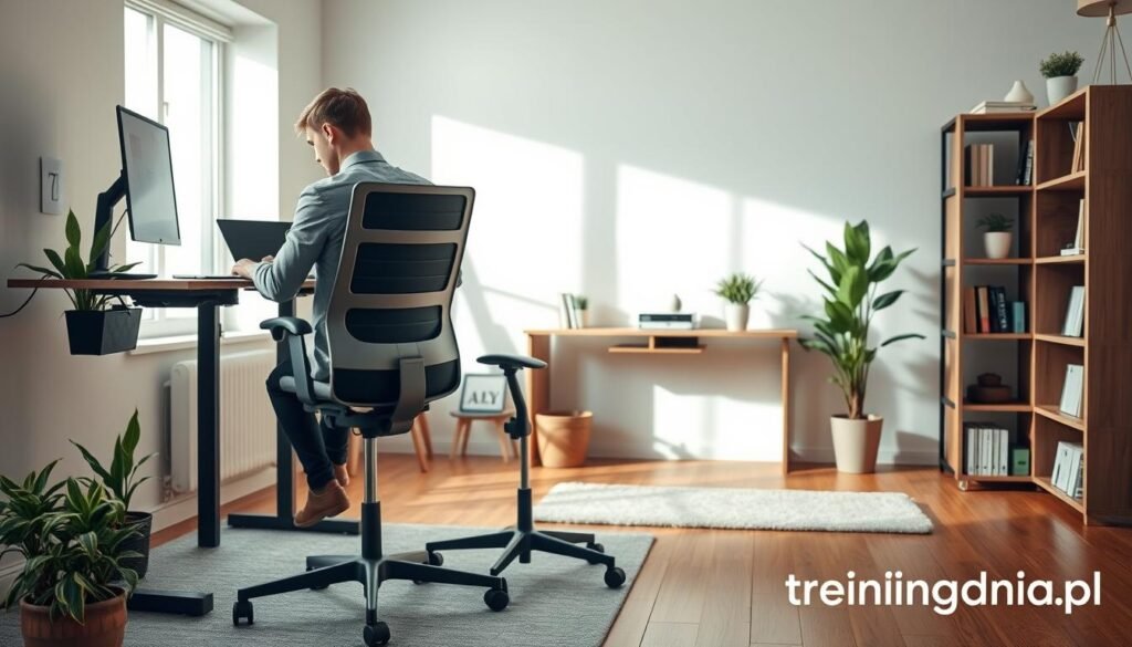 A modern ergonomic workspace designed for remote work, featuring a height-adjustable desk and a comfortable office chair. In the foreground, a professional individual dressed in business casual attire sits at the desk, focusing on a laptop. The chair offers lumbar support, and there's a monitor at eye level. In the middle ground, a well-organized workspace includes potted plants for a refreshing atmosphere, a soft area rug, and a warm wooden floor. Soft, natural light filters in through a window, creating an inviting and productive environment. In the background, a minimalist bookshelf with professional books and decor embodies a balance of function and aesthetics. The overall mood conveys comfort, focus, and productivity, emphasizing the importance of ergonomics in maintaining good health while working remotely. Branding: treningdnia.pl.