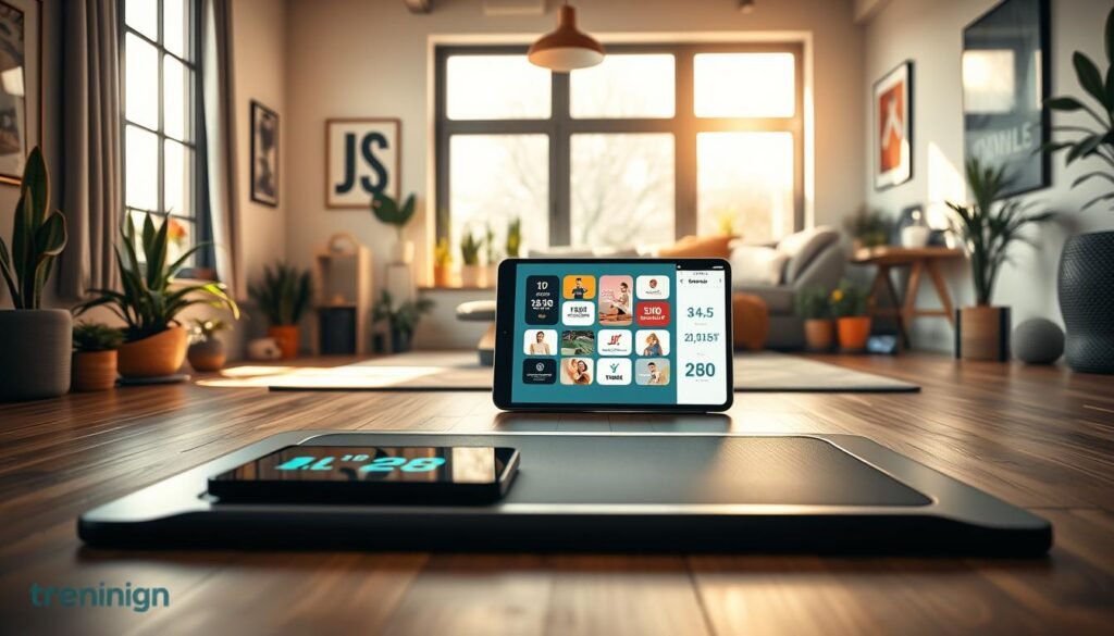 A modern exercise platform, sleek and stylish, set in a well-lit home environment. In the foreground, showcase a high-tech exercise mat with a digital display showing workout statistics. In the middle ground, depict a variety of fitness apps and platforms visible on a tablet or smartphone, illustrating options for both cardio and strength training. The background features a cozy home gym with natural light streaming through large windows, potted plants, and motivational artwork on the walls. The atmosphere is energetic and inspiring, encouraging users to engage in online fitness. The image should convey a sense of accessibility and motivation for exercising at home. Include the brand name "treningdnia.pl" subtly integrated into the design.