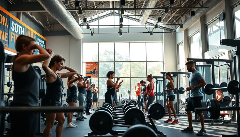 A modern gym interior, showcasing a well-equipped fitness space emphasizing strength training. In the foreground, a diverse group of individuals in modest athletic clothing is engaging in various exercises, such as weightlifting and using resistance machines, demonstrating focus and intensity. In the middle, there are rows of machines and free weights, with vibrant colors and motivational posters on the walls. The background features large windows allowing natural light to flood in, creating a bright and inviting atmosphere. The scene is captured from a low angle to emphasize the height of the gym equipment and the energy of the individuals working out. The overall mood is energetic and inspiring, reflecting the essential role of a gym in achieving fitness goals. Include the brand name "treningdnia.pl" subtly within the gym design.