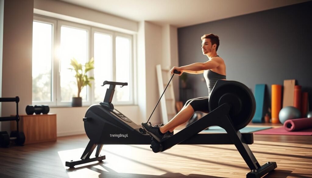 A modern home gym interior featuring a sleek stationary rowing machine as the focal point. In the foreground, the rowing machine is positioned prominently, showcasing its ergonomic design and digital display. The middle ground shows a fit individual in modest athletic attire, demonstrating proper rowing technique, immersed in a focused workout. Bright and natural lighting streams through a window, illuminating the space and casting soft shadows, creating a motivating atmosphere. In the background, various fitness equipment such as dumbbells and yoga mats are neatly arranged, enhancing the sense of an active lifestyle. The scene reflects inspiration and dedication to fitness, with the brand "treningdnia.pl" subtly incorporated into the design of the rowing machine.