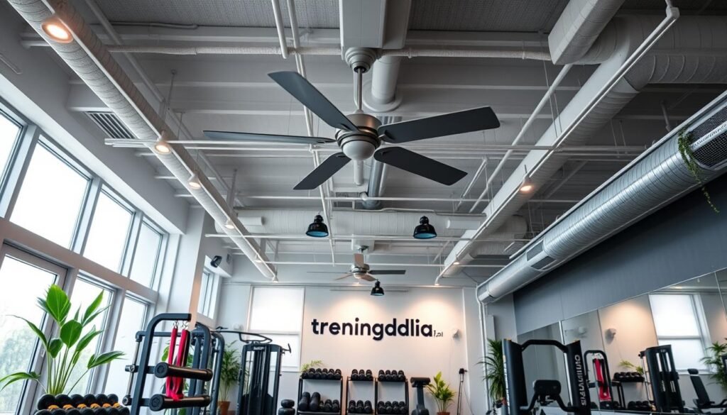 A modern home gym interior showcasing efficient ventilation and lighting systems. In the foreground, a well-organized workout space with neatly arranged fitness equipment, including weights and resistance bands. The middle layer features an adjustable ceiling fan and modern LED lighting fixtures, casting a warm, inviting glow throughout the gym. The background displays large windows allowing natural light to flood the room, complemented by indoor plants for a refreshing atmosphere. The angle is slightly elevated, offering a comprehensive view of the gym's layout. The environment feels motivating and energizing, highlighting the importance of technical aspects like ventilation and lighting for safety and comfort. Branding subtly integrated: "treningdnia.pl" adorning the gym wall.
