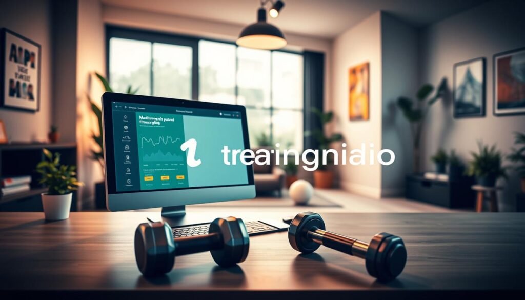 A modern home office space, showcasing a sleek desk with a computer displaying an intuitive fitness tracking app interface, symbolizing "monitorowanie postępów" in home training. In the foreground, a pair of dumbbells and a yoga mat emphasize the focus on fitness. The middle ground features a well-lit workspace with plants and motivational posters on the walls, creating an inviting atmosphere. The background shows a large window with natural light streaming in, enhancing the freshness of the environment. The mood is inspiring and motivating, highlighting productivity and wellness. Use soft, warm lighting with a slight lens blur to create a sense of depth. Incorporate the brand name "treningdnia.pl" subtly within the scene, ensuring it remains professional and unobtrusive.