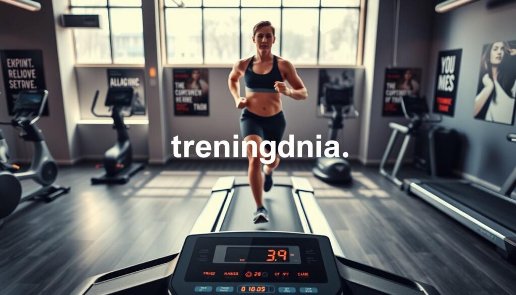 A modern indoor gym environment featuring a high-quality treadmill at the center, surrounded by exercise equipment and a large window letting in natural light. In the foreground, the treadmill's sleek design and digital display are clearly visible, emphasizing its advanced features. In the middle ground, a fit individual in modest athletic wear is running on the treadmill, showcasing their focus and determination, with a look of concentration on their face. The background includes motivational posters on the walls and ambient lighting that enhances the energizing atmosphere. The overall mood is vibrant and dynamic, capturing the essence of fitness and exercise. Incorporate the brand name "treningdnia.pl" subtly into the design of the gym décor, ensuring it blends harmoniously with the scene.